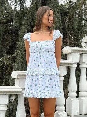 WeWoreWhat Light Blue Floral Smocked Mini Dress